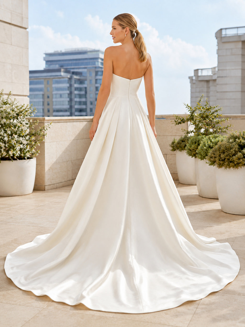 Satin Wedding Dress Ball Gown Strapless Sweetheart Cathedral Train Bridal Gown back view