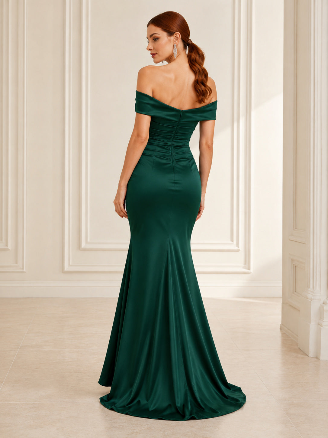 Dark Green Off-the-shoulder Satin Prom Dress back view