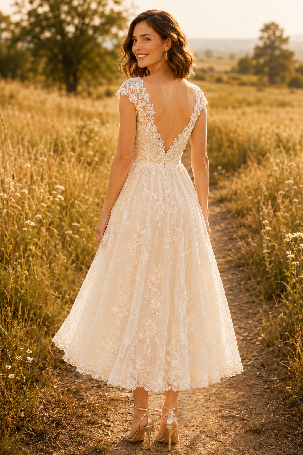 Ivory Cap Sleeve V-Neck Lace Tulle Tea Length Wedding Dress for Wedding Reception and Party Style MG_701008 back view