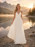 Open Back V-Neck Chiffon Mountain Lake Elopement Gown front view