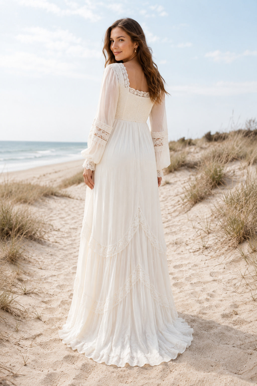Ivory Maternity Square Neck Long Sleeve Chiffon A-Line Wedding Dress with Lace Trim back view