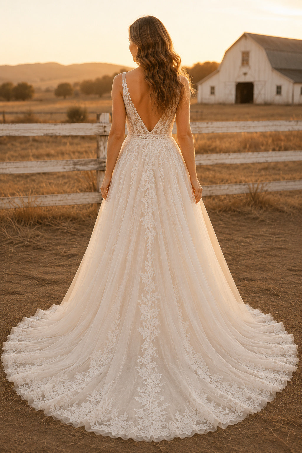 V-Neck Strap A-Line Wedding Dress with Lace Bodice and Scalloped Sweep Train for Rustic Garden Ceremony back view