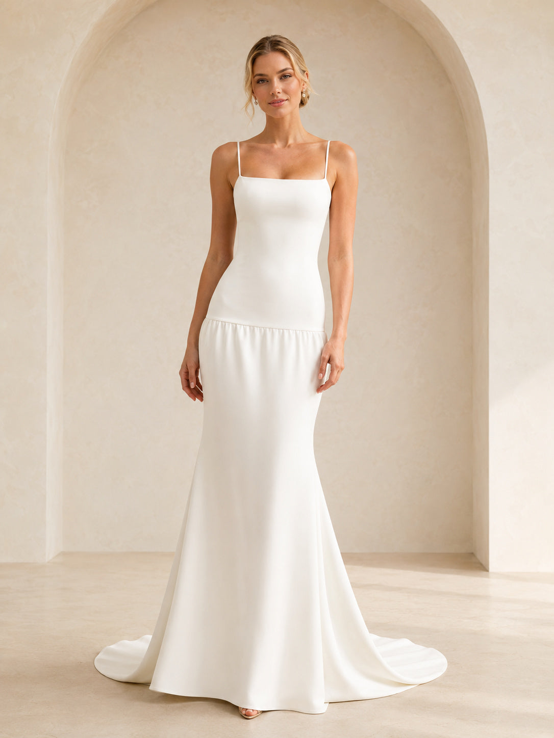 Drop Waist Spaghetti Strap Studio Editorial Elopement Dress front view