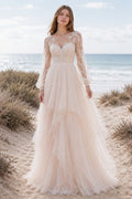 Blushing Pink Long Sleeve Illusion Tulle A-Line Wedding Dress with Lace Bodice front view