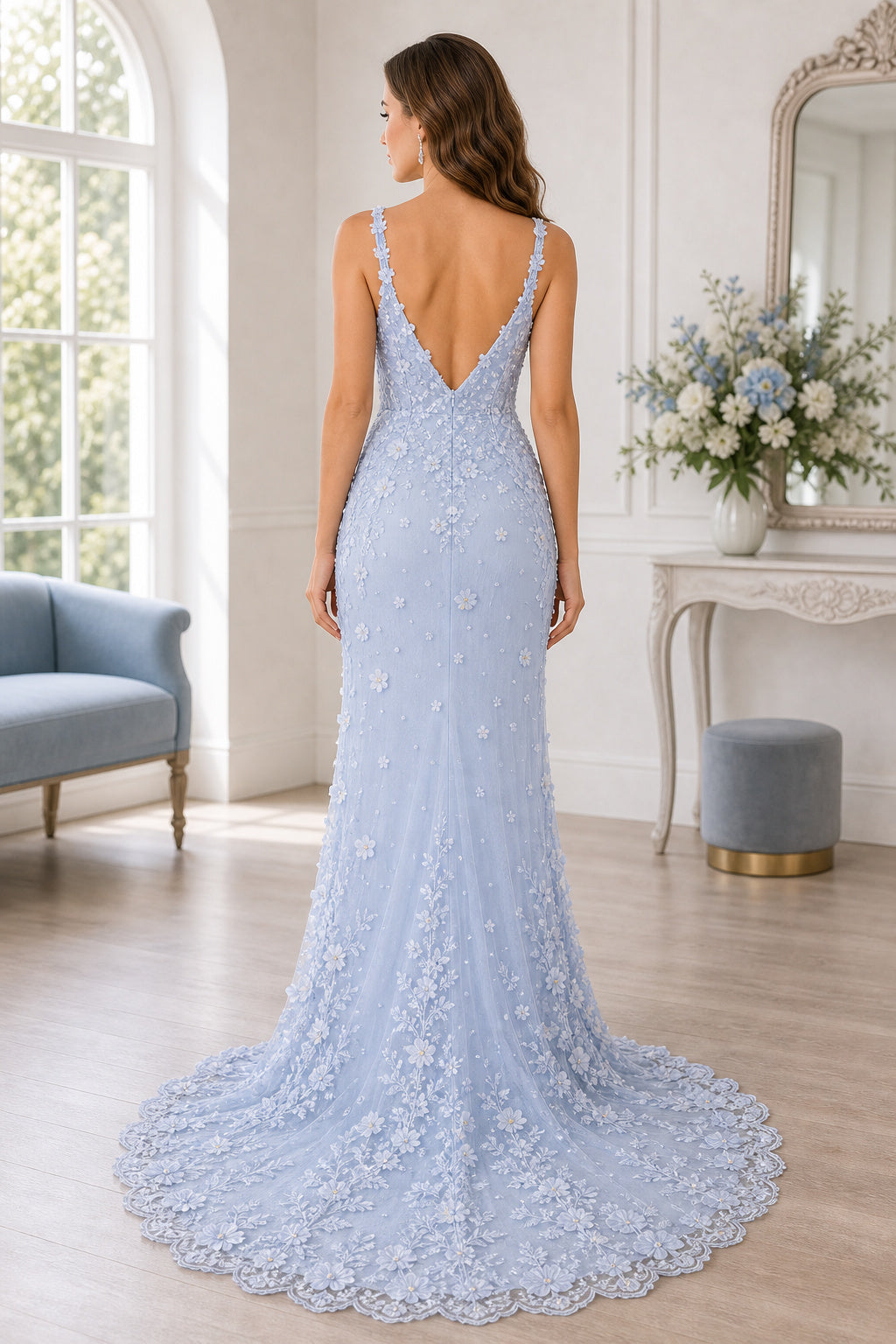 Light Blue V-neck Spaghetti Strap Mermaid Lace Floor-Length Dress With Sweep Train