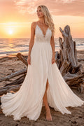 Ivory Spaghetti V-Neck Chiffon A-Line Wedding Dress Split Front Train for Bridal Ceremony and Reception front view