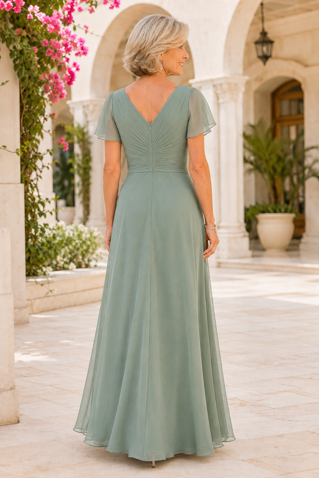 Sage V-Neck Chiffon Mother Dress with Flutter Sleeves and Ruched Waist for Evening Reception back view