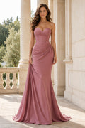 Dusty Rose Strapless Satin Mermaid Prom Dress with Sweetheart Neckline front view