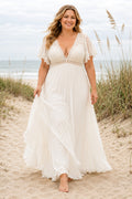 Plus Size Ivory V-Neck Cap Sleeve Lace Tulle A-Line Wedding Dress with Cap Lace Sleeves and Beach Chiffon Skirt front view