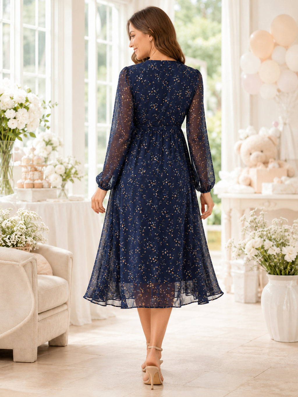 Dark Navy Printed Maternity V Neck Long Sleeve Chiffon Tea Length Evening Dress back view