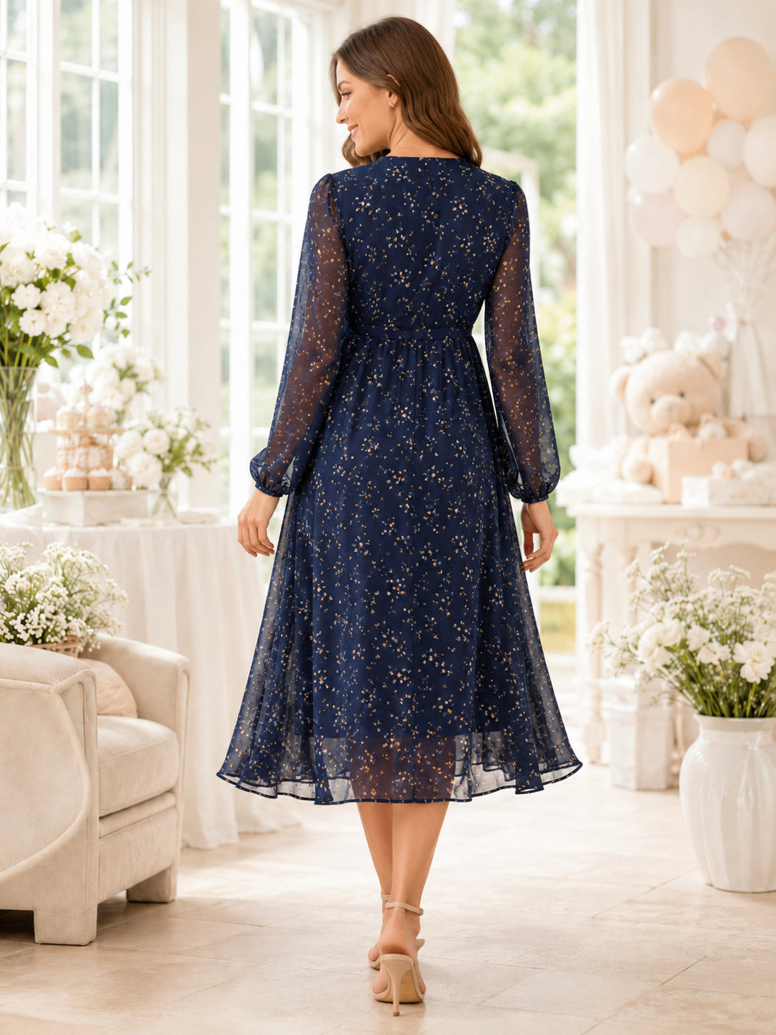 Dark Navy Printed Maternity V Neck Long Sleeve Chiffon Tea Length Evening Dress back view