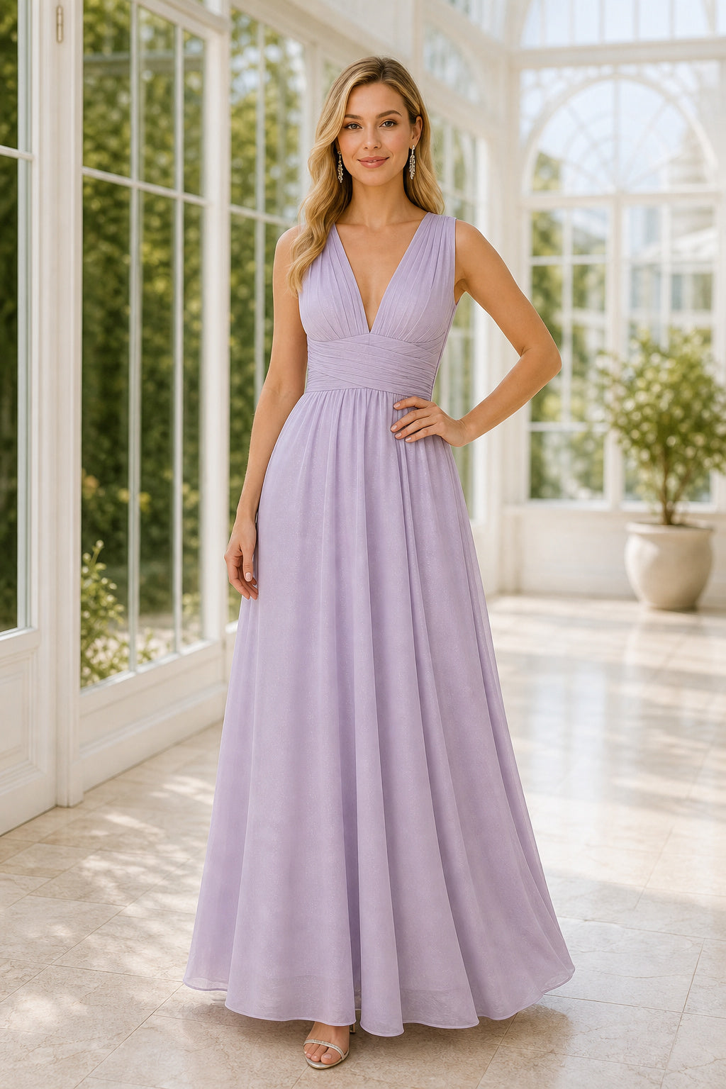 Lavender V-neck Sleeveless A-Line Chiffon Floor-Length Dress With Back Bow