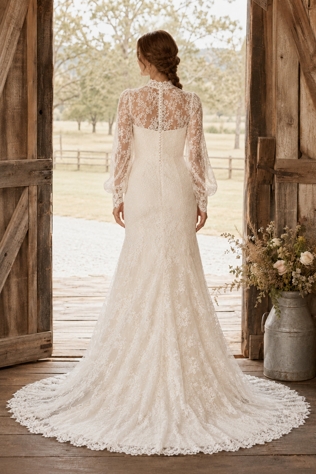 High Neck Long Sleeve Mermaid Wedding Dress with Allover Lace and Sweep Train for Rustic Garden Ceremony Style MG_700700 back