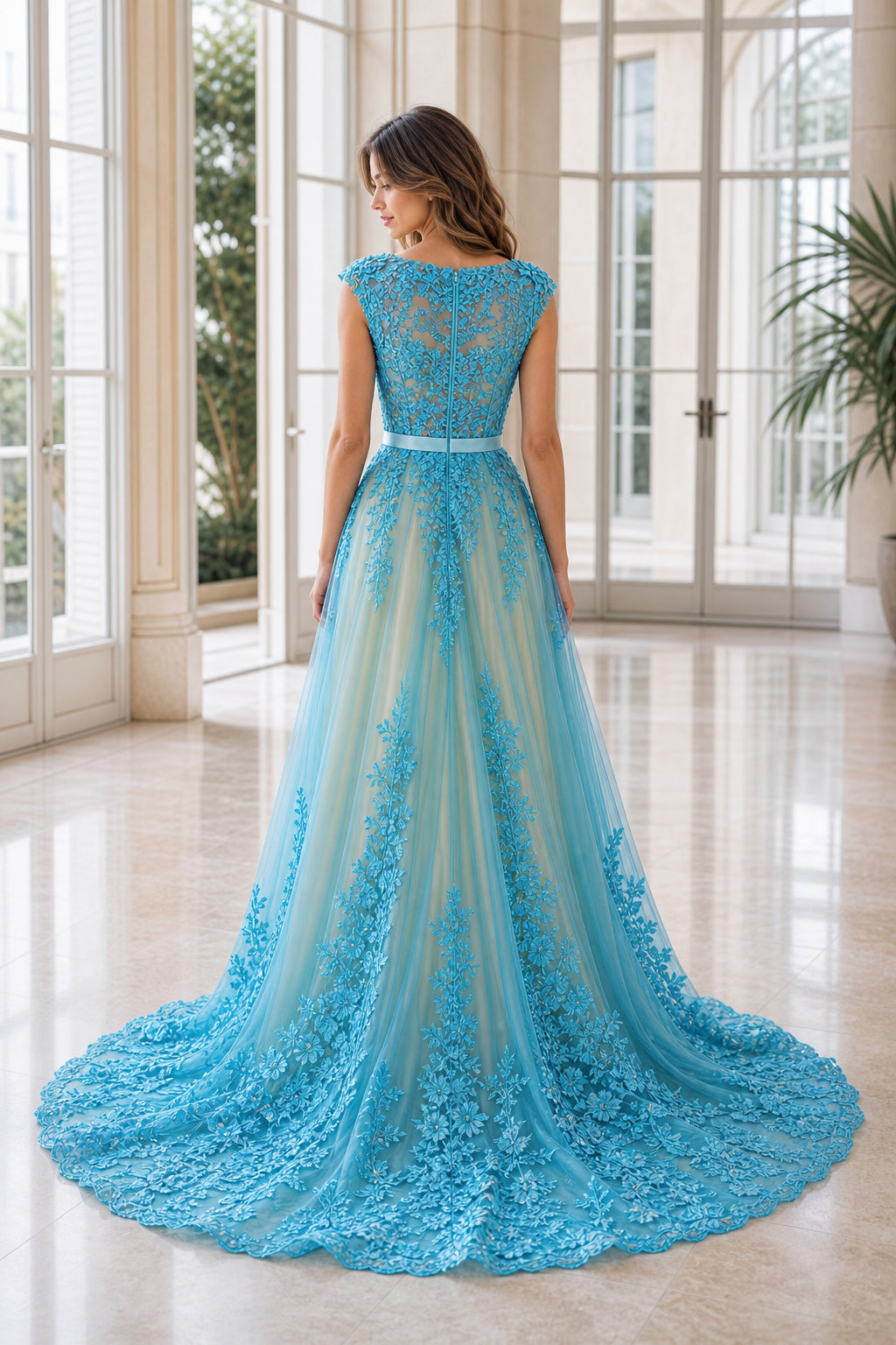 Turquoise Bateau Cap Sleeves A-Line Tulle, Lace Floor-length Formal Dress With Lace and Train