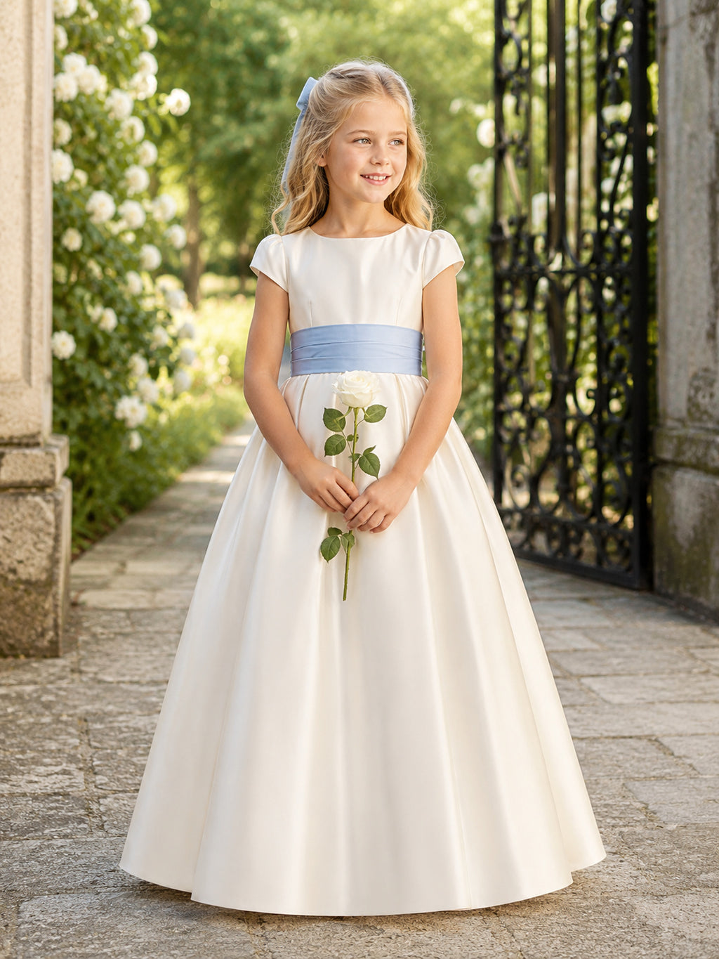 Ivory Satin A-Line Flower Girl Dress with Cap Short Sleeve, jewel Neckline, and Tea length Skirt with Bow Accents front view