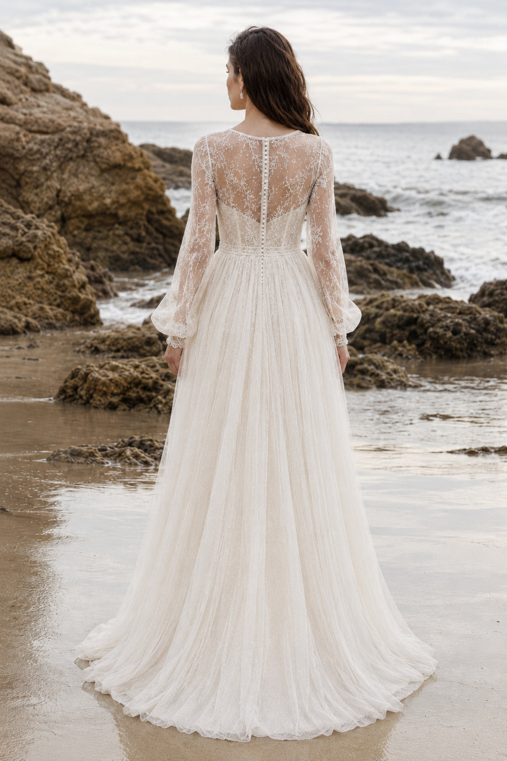 Ivory Bateau Long Sleeve Lace Tulle A-Line Wedding Dress Illusion Back for Bridal Ceremony and Reception back view