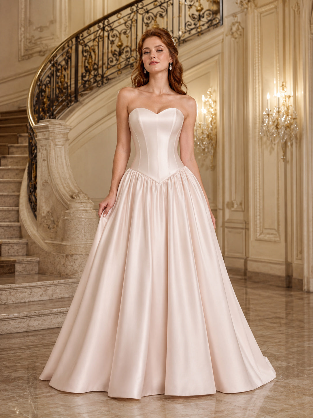 Strapless Drop Waist Satin Vintage Ballroom Wedding Dress front view