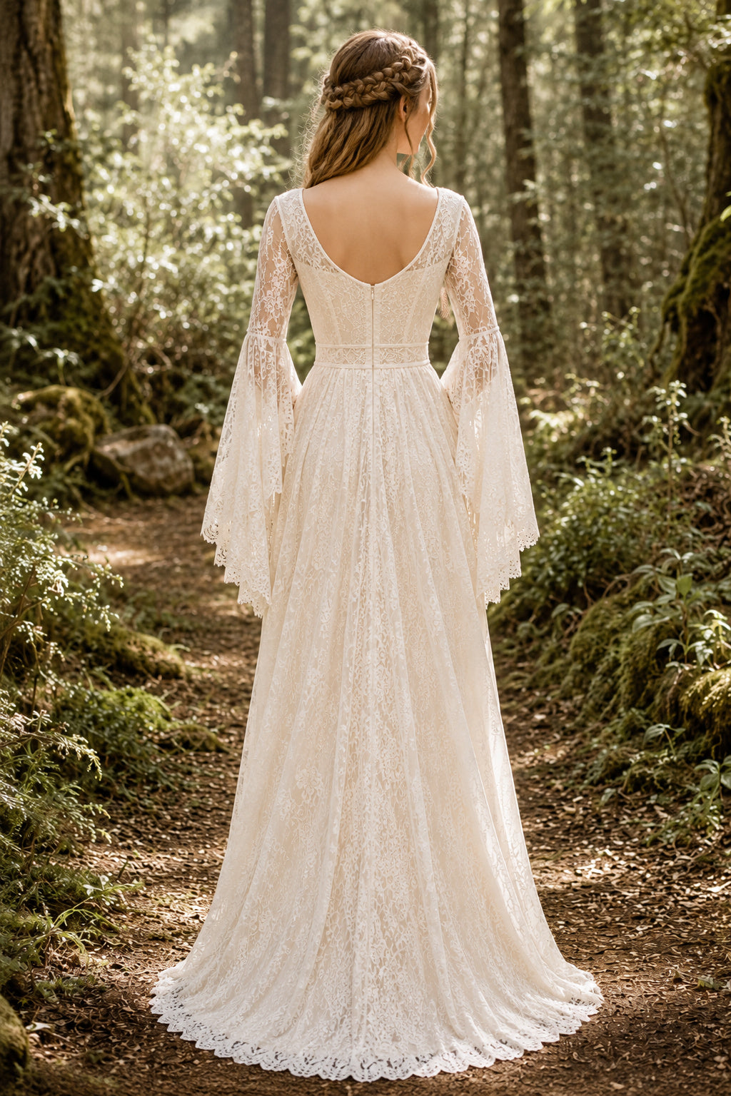 Ivory Scoop Neck Long Bell Sleeve Lace A-Line Wedding Dress for Wedding Ceremony and Reception back view