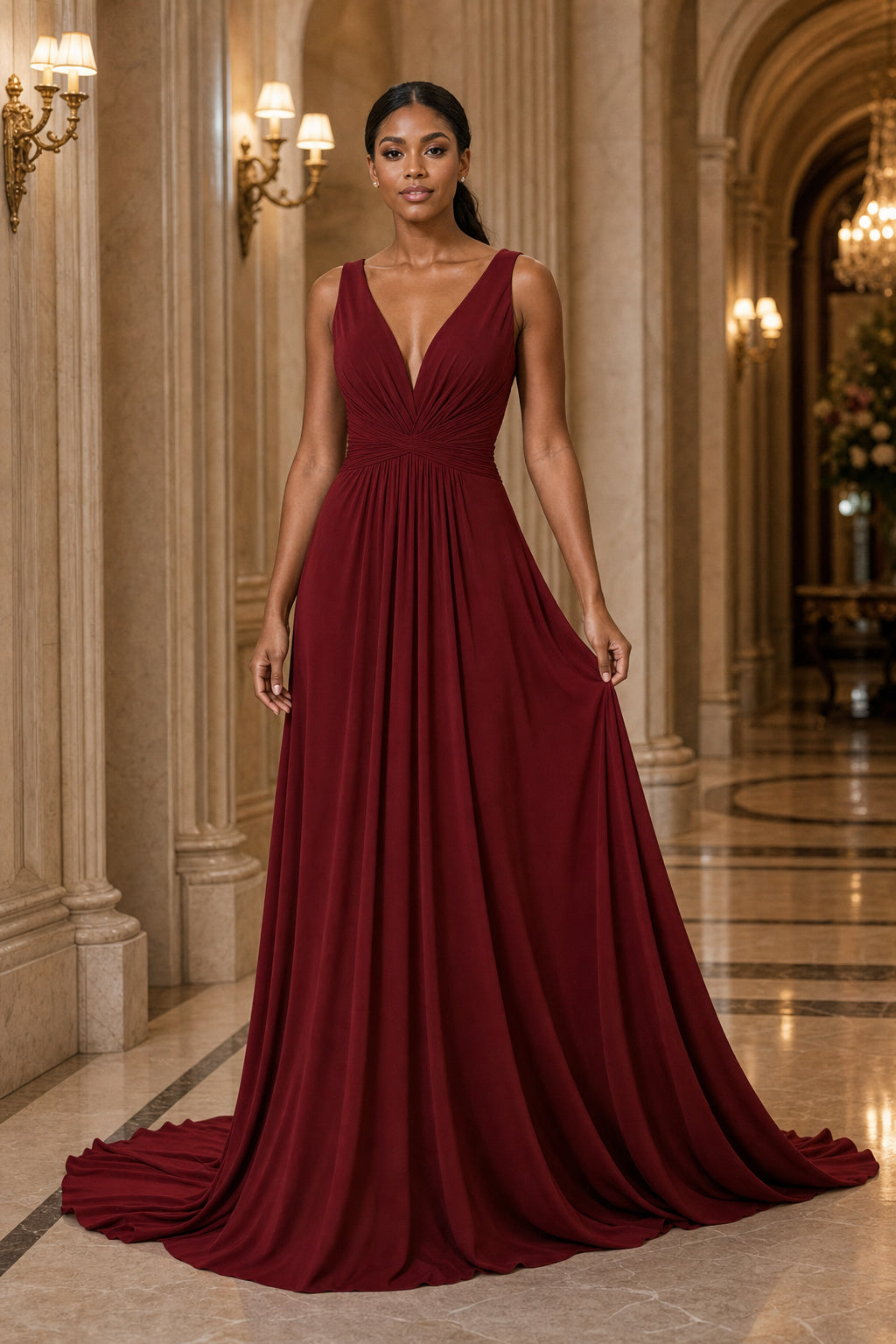V-neck Sleeveless A-Line Chiffon Floor-Length Dress With Pleated Bodice