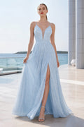 Sky Blue Spaghetti Strap Glitter Tulle A-Line Prom Dress with Slit front view