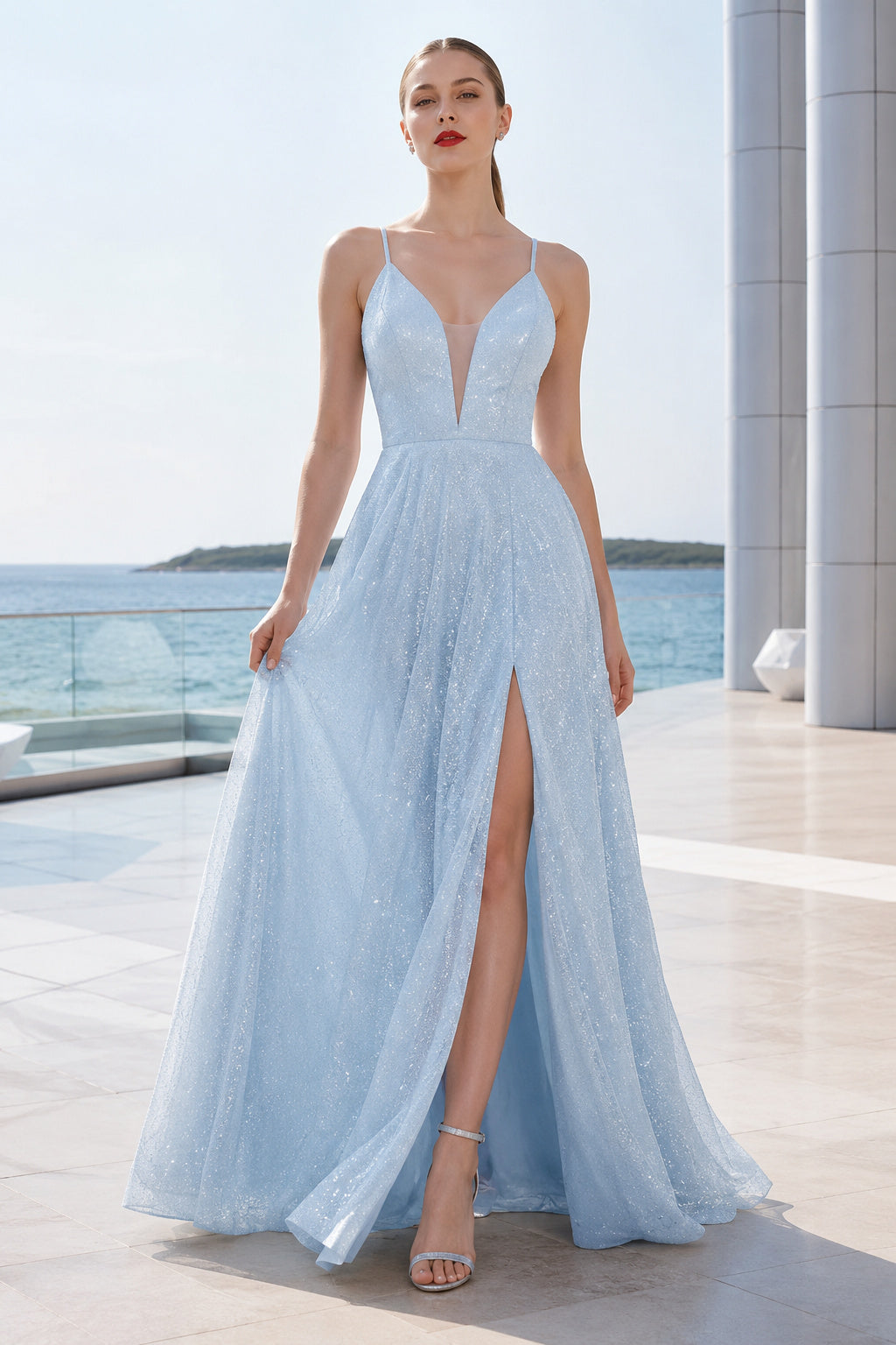 Sky Blue Spaghetti Strap Glitter Tulle A-Line Prom Dress with Slit front view