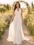Minimalist Satin Wedding Dress A-Line Halter Sleeveless Sweep Train Bridal Gown front view