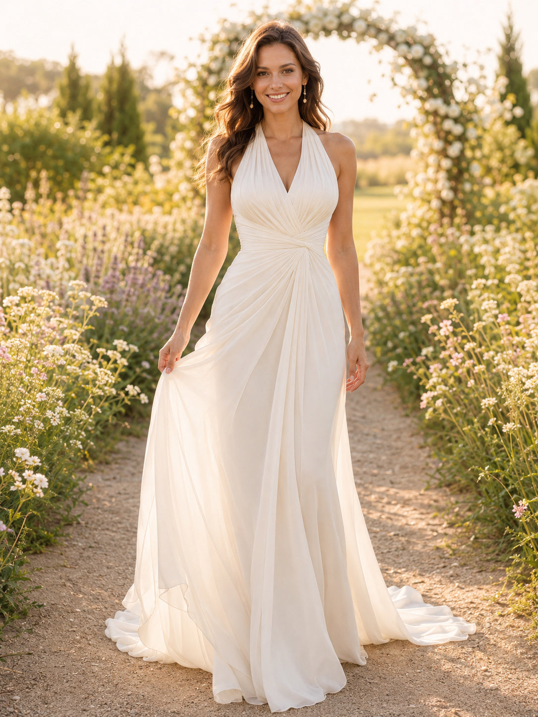 Minimalist Satin Wedding Dress A-Line Halter Sleeveless Sweep Train Bridal Gown front view