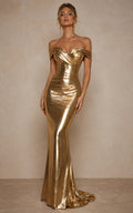 Gold Metallic Evening Dress with Off Shoulder Sweetheart Mermaid Gown front view
