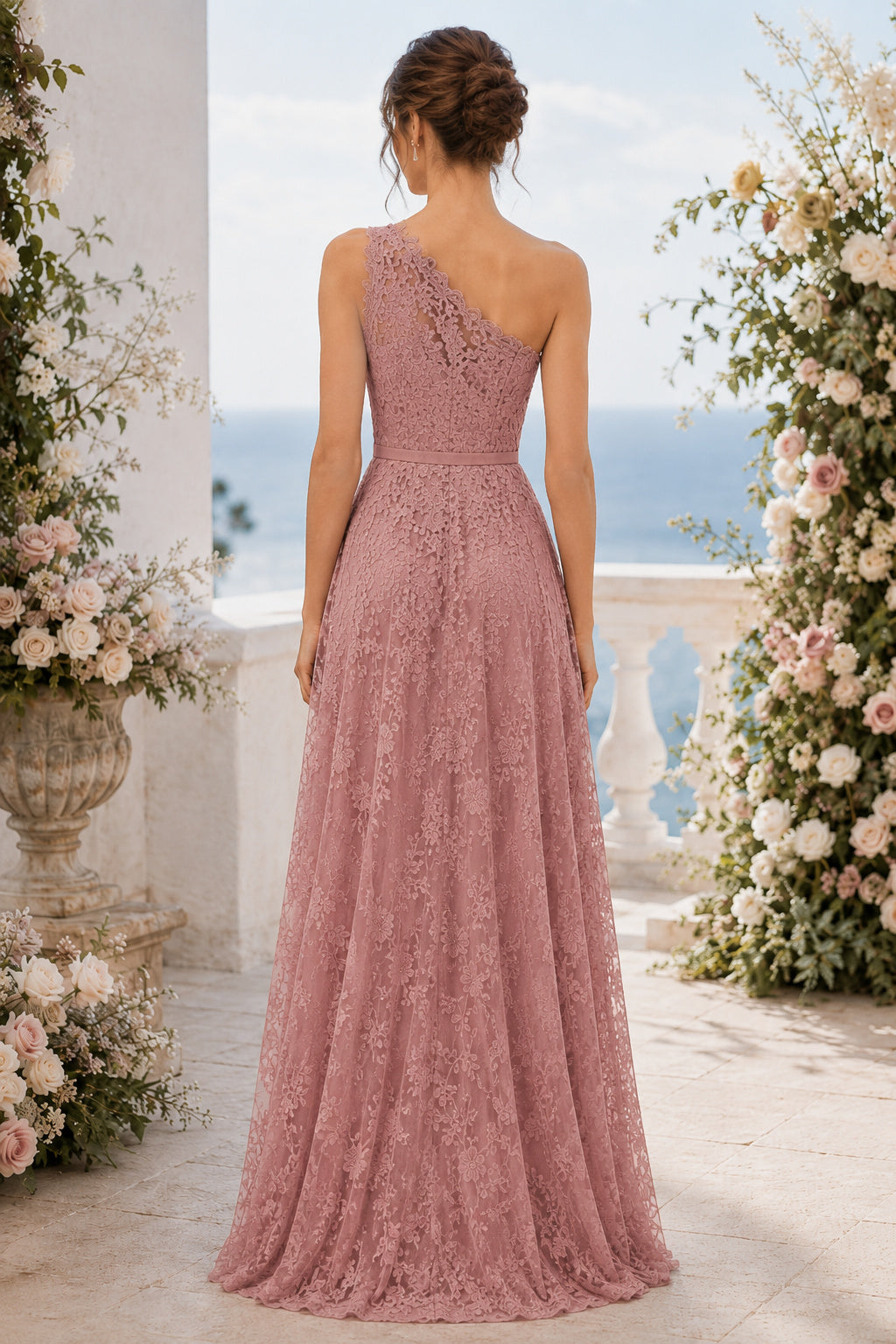 Dusty Rose One-Shoulder Lace A-Line Formal Dress with Floral Applique and Floor Length Skirt back view
