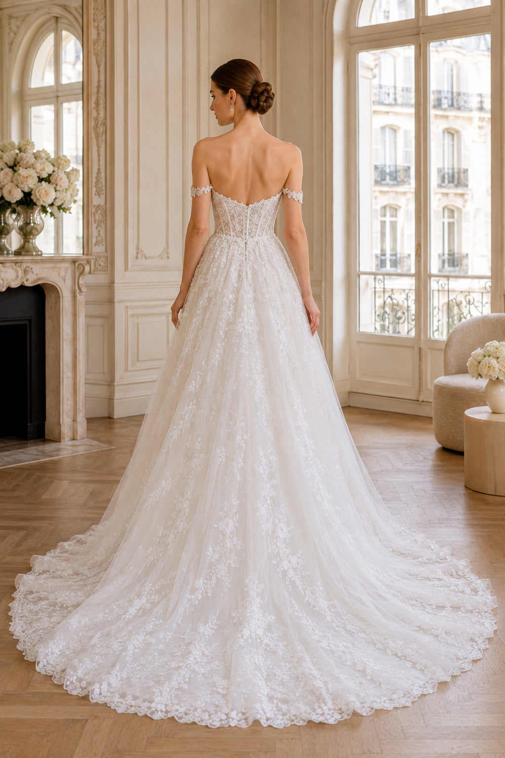Ivory Strapless Lace A-Line Wedding Dress with Chapel Train back view