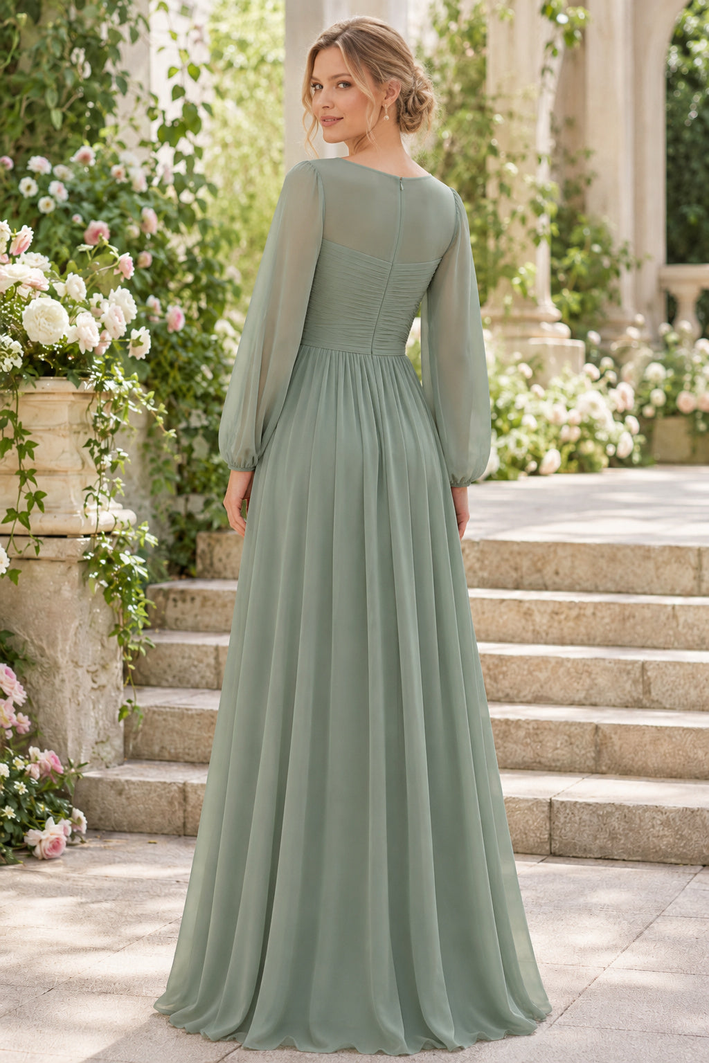 Sage Jewel Neck Chiffon A-Line Mother Dress with Long Poet Sleeves and Pleated Skirt back view