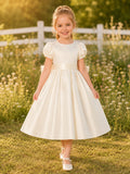 Flower Girl Dress Ivory Satin A-Line Short Sleeve Jewel Neck Tea Length Bow Back Portrait Ready Look front view