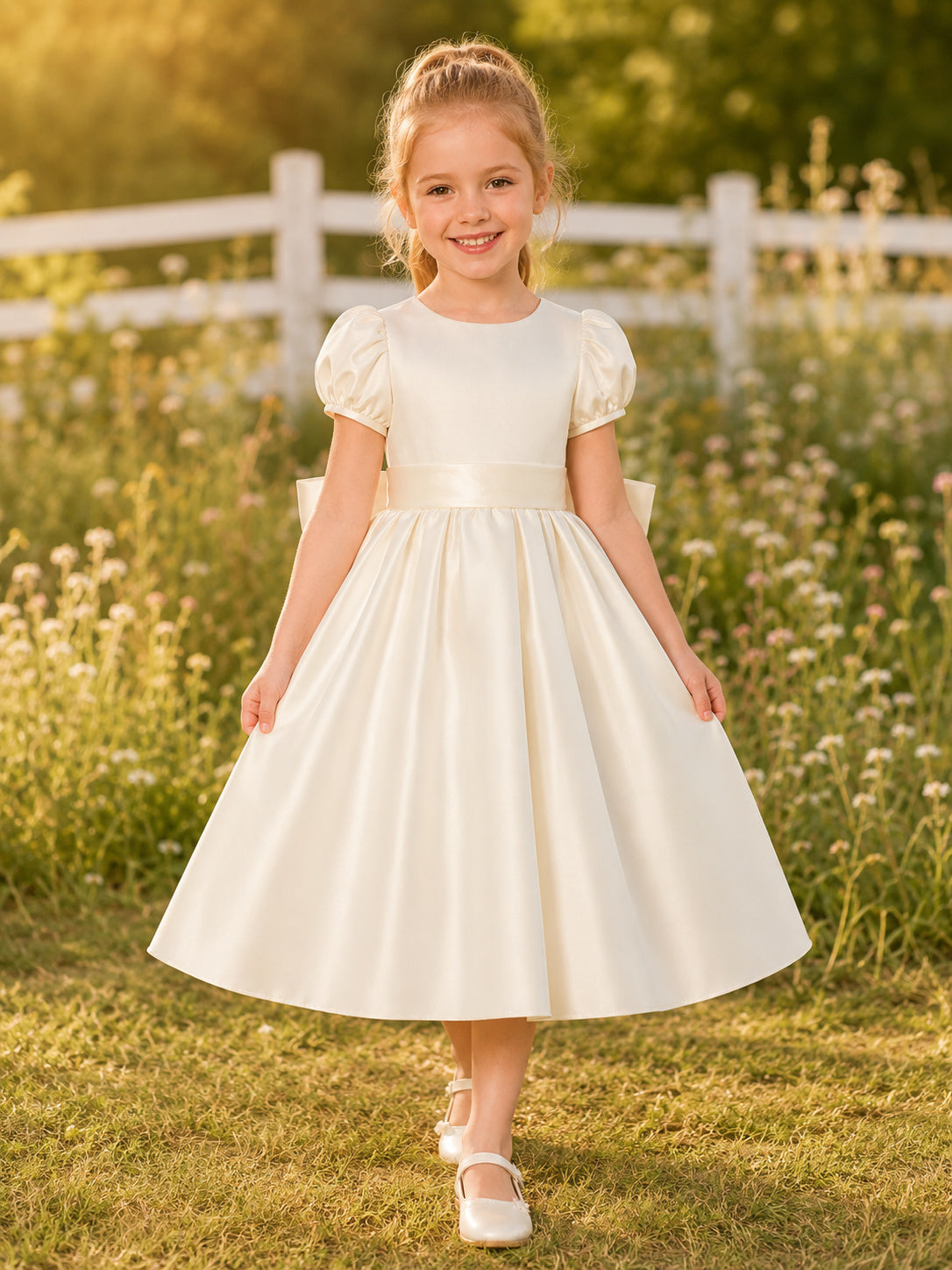 Flower Girl Dress Ivory Satin A-Line Short Sleeve Jewel Neck Tea Length Bow Back Portrait Ready Look front view