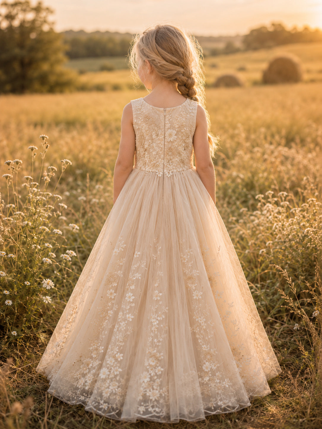 Country Garden Champagne Tulle Floor-Length A-Line Flower Girl Dress with Jewel Neck and Floral Applique back view