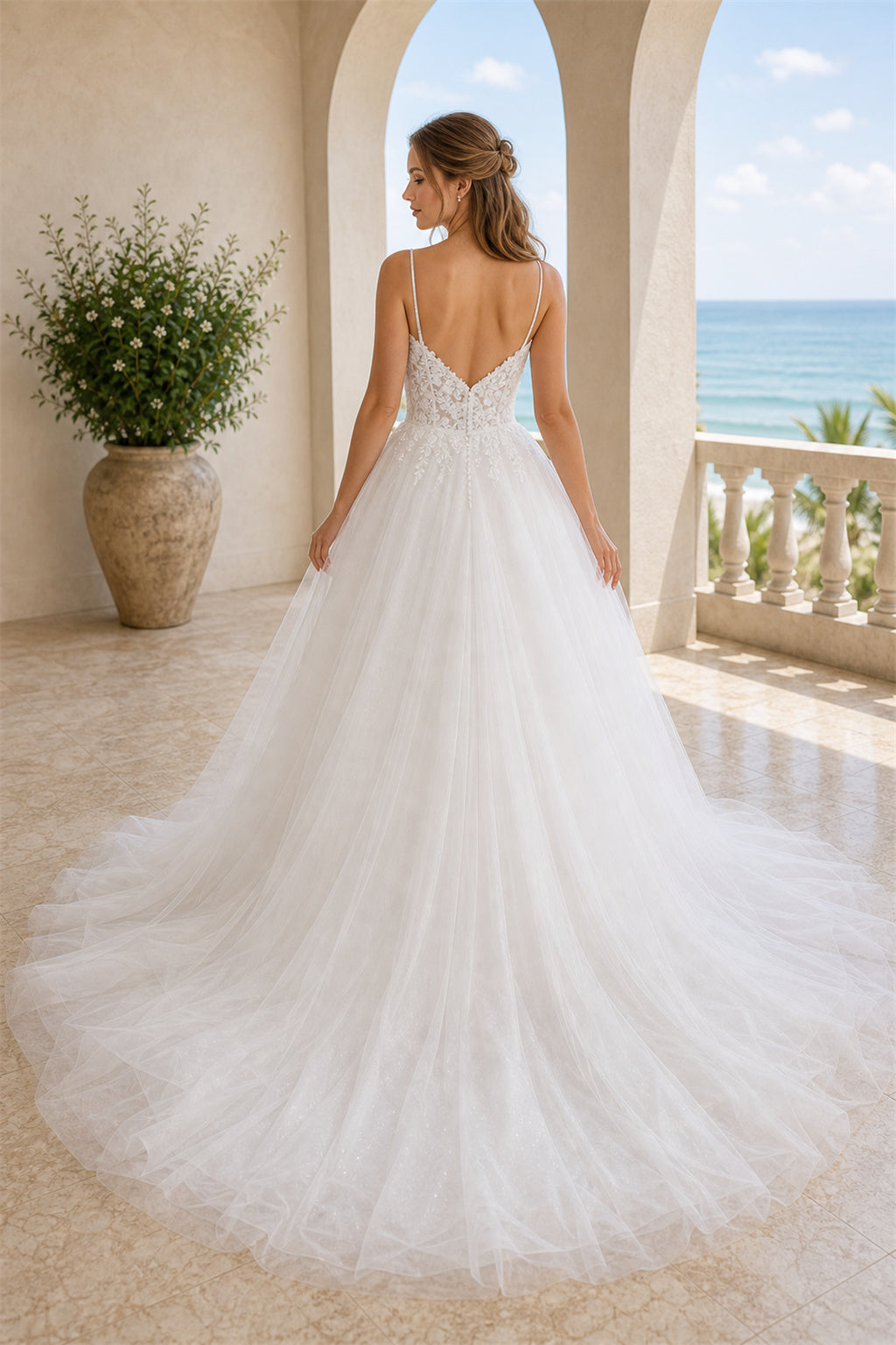 Ivory Square Mermaid Crepe, Lace Floor-length Wedding Dress With Lace and Front Slit and Open Back