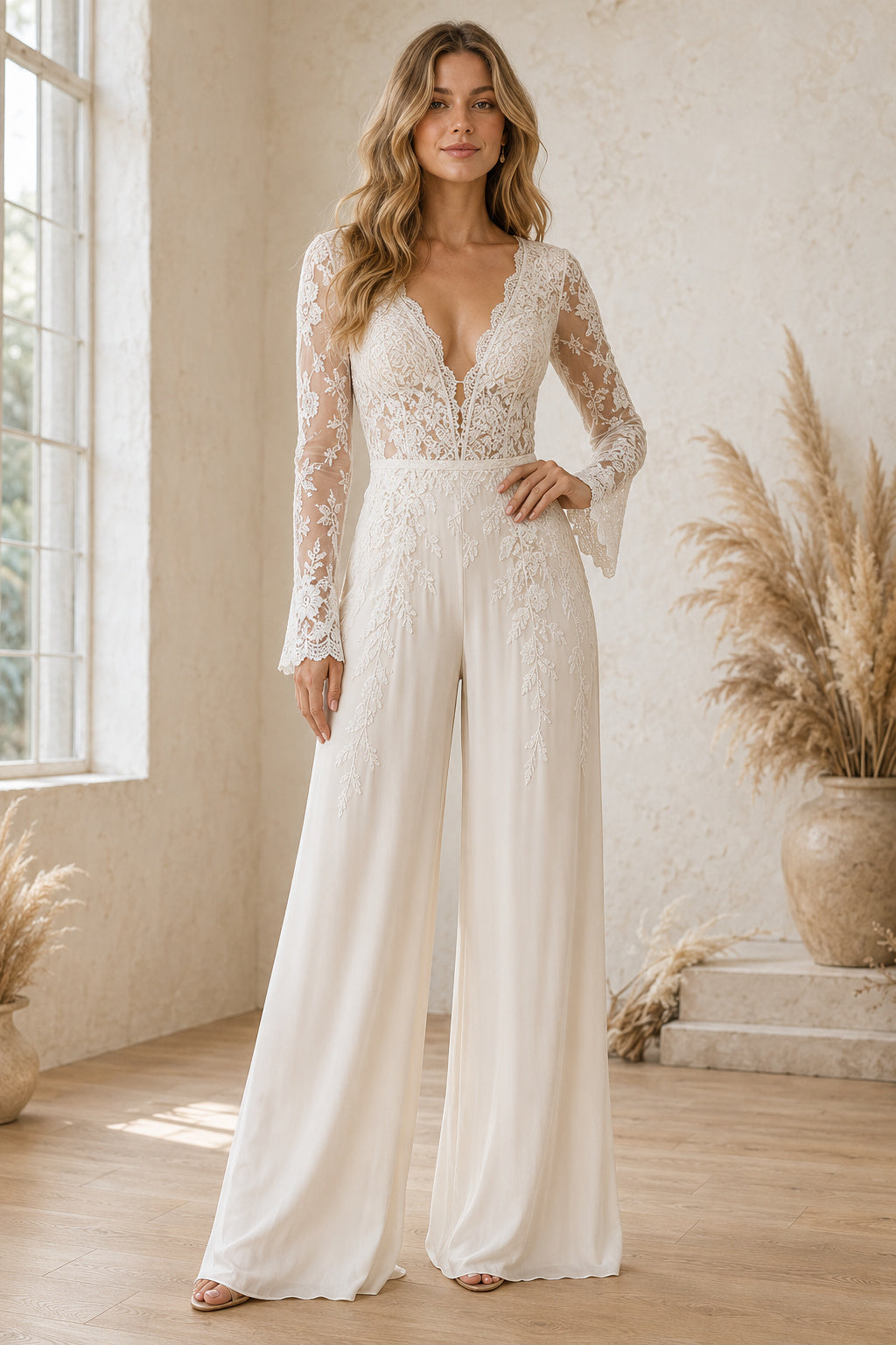 Ivory V-Neck Long Sleeve Lace Satin Floor-Length Bridal Jumpsuit with Long Lace Sleeves and Wide Leg Pants Style MG_701070 fr
