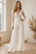 Ivory V-Neck Long Sleeve Lace Satin Floor-Length Bridal Jumpsuit with Long Lace Sleeves and Wide Leg Pants Style MG_701070 fr