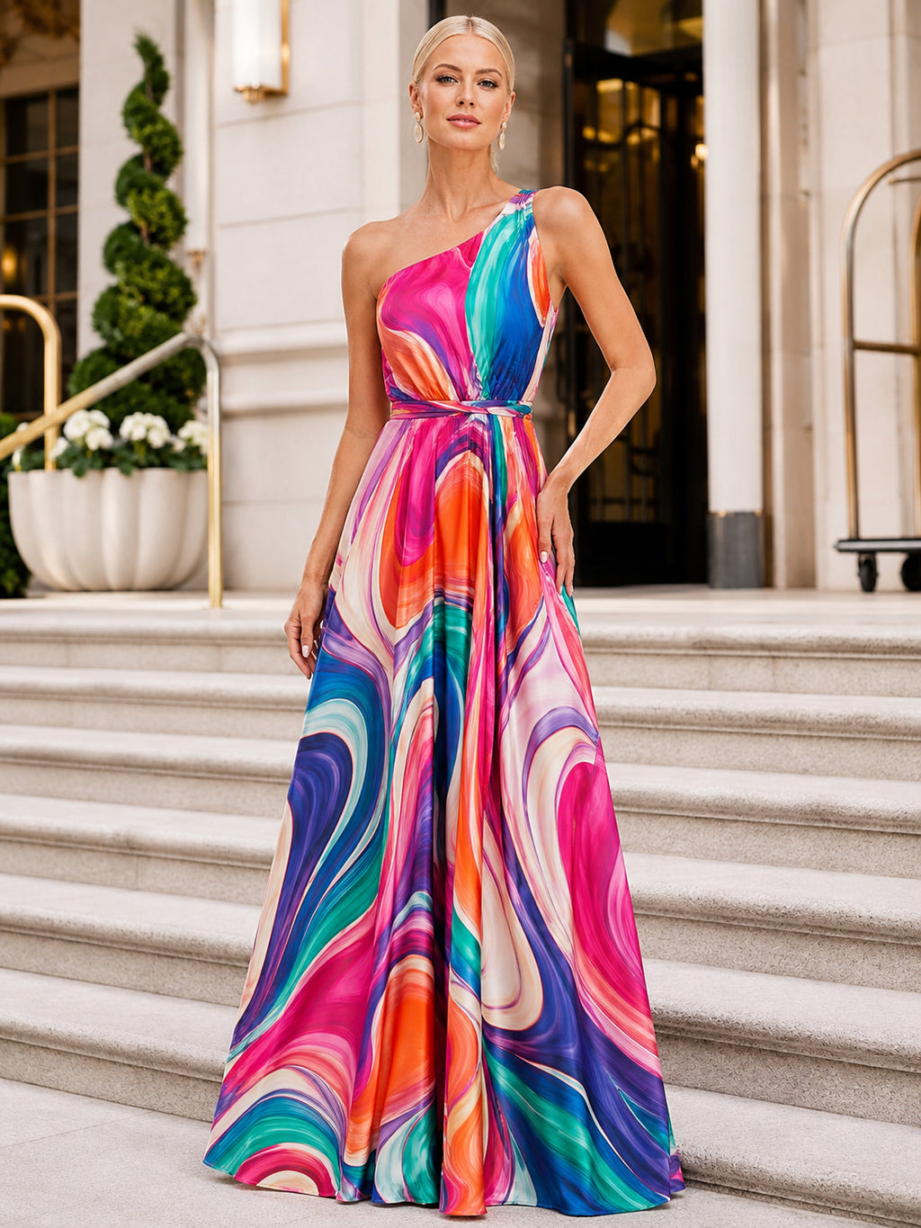 Vivid Swirl One Shoulder A-Line Maxi Evening Dress front view