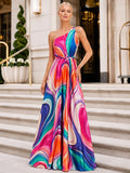 Vivid Swirl One Shoulder A-Line Maxi Evening Dress front view