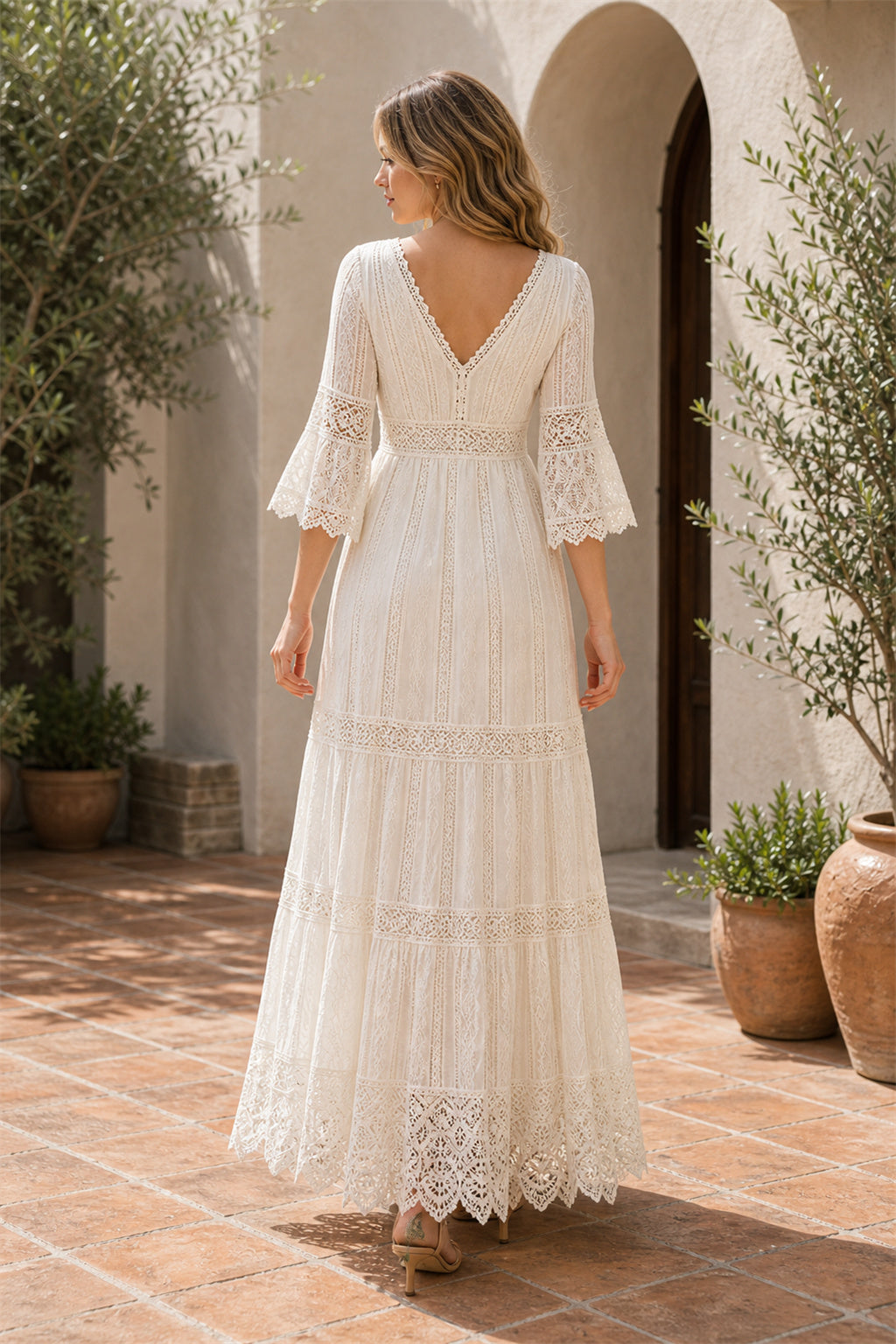 White V-neck Long Sleeves A-Line Lace Tea-length Dress With Lace and Tiered Skirt and Open Back