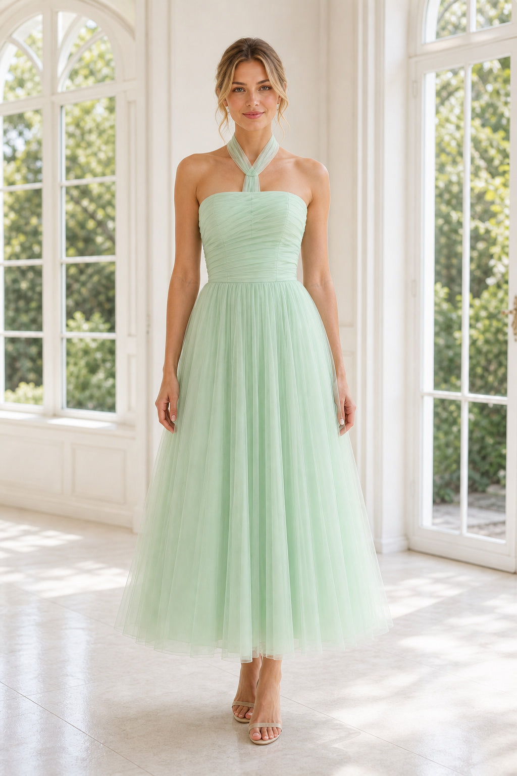Mint Halter A-Line Tulle Tea-Length Dress With Pleated Skirt