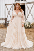 Plus Size Ivory V-Neck Poet Sleeve Lace Tulle A-Line Wedding Dress with Poet Sleeves and Lace Tulle Train front view