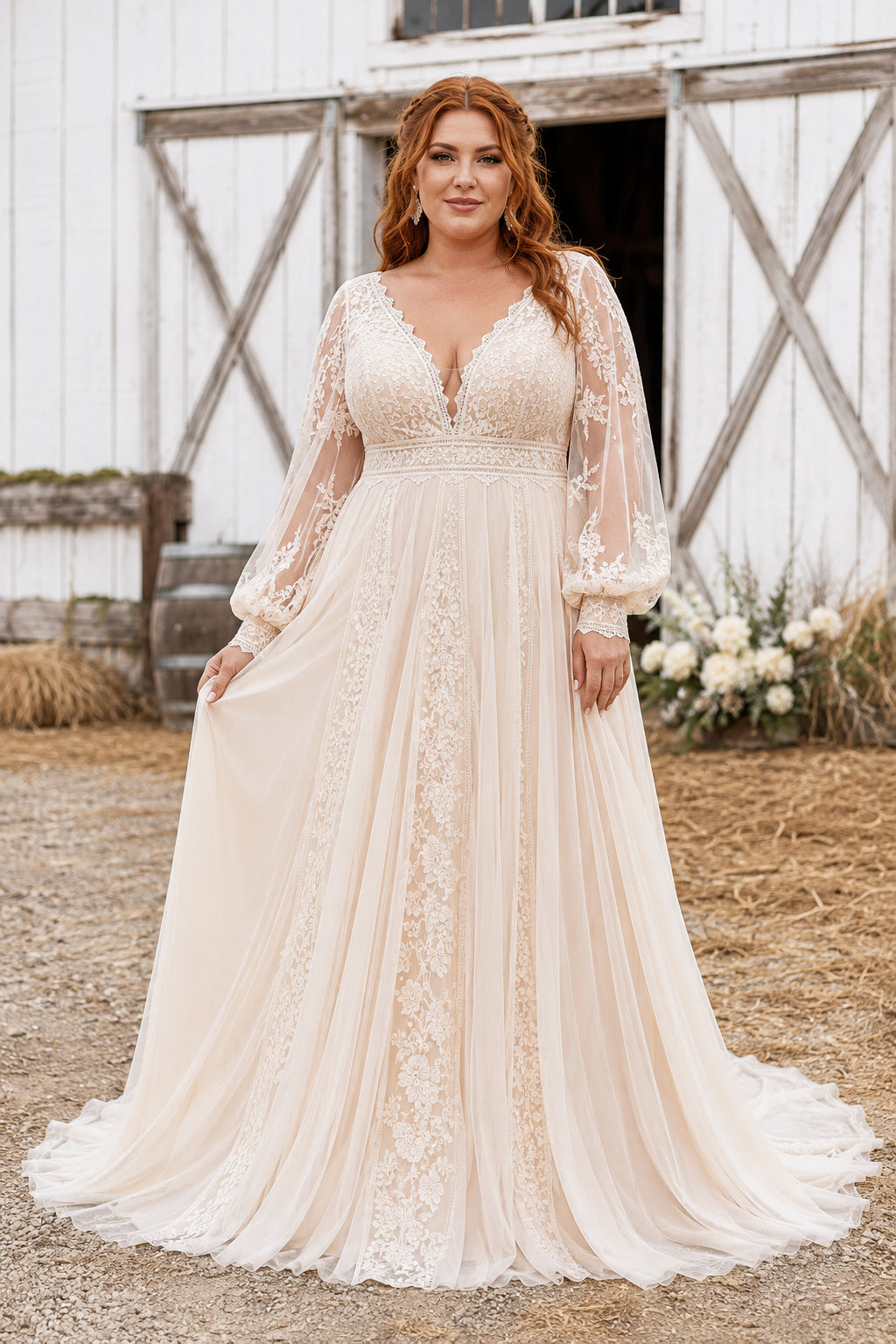 Plus Size Ivory V-Neck Poet Sleeve Lace Tulle A-Line Wedding Dress with Poet Sleeves and Lace Tulle Train front view