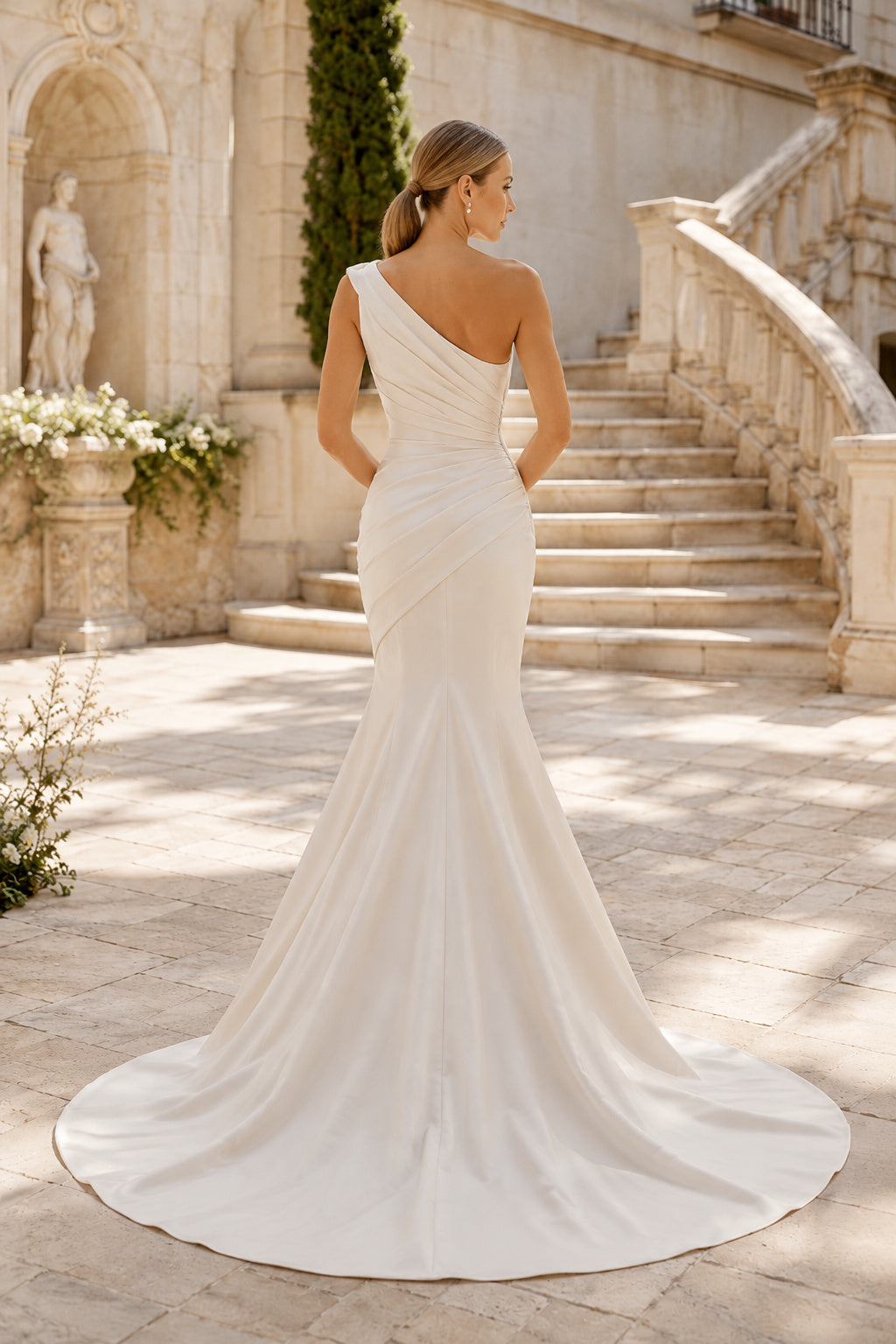 Satin Wedding Dress Mermaid One Shoulder Sleeveless Sweep Train Bridal Gown Style 721284 back view