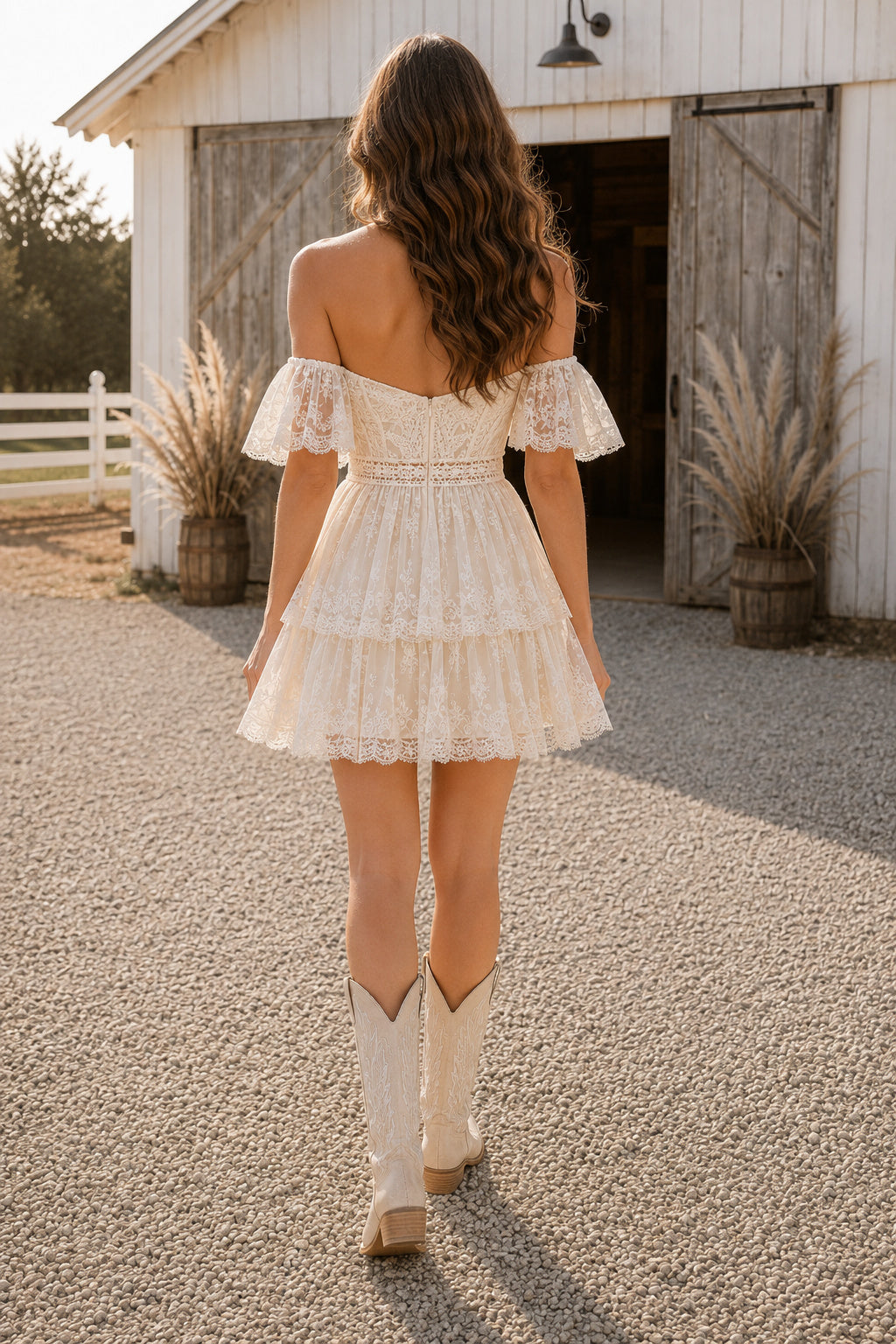 Ivory Western Off Shoulder Tiered Mini Reception Dress for Wedding Reception and Party back view