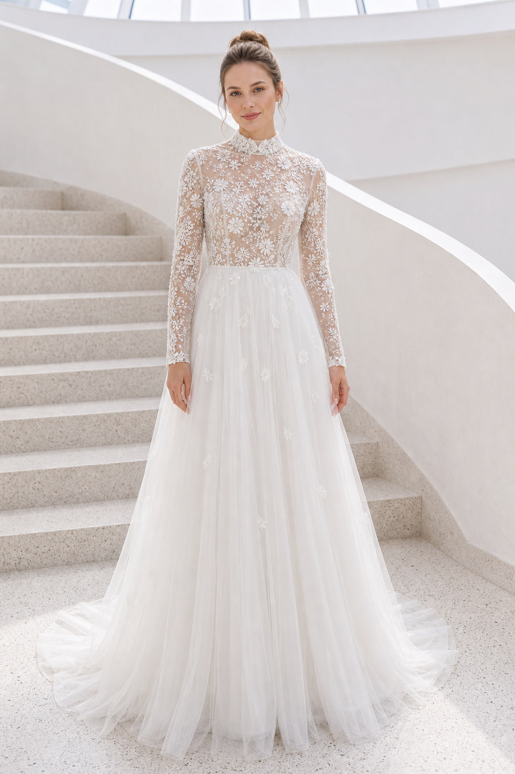 White Illusion Flutter Sleeves A-Line Crepe Floor-length Wedding Dress With Pleated Skirt and Layered Skirt