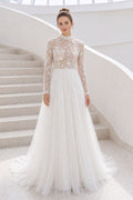 White Illusion Flutter Sleeves A-Line Crepe Floor-length Wedding Dress With Pleated Skirt and Layered Skirt