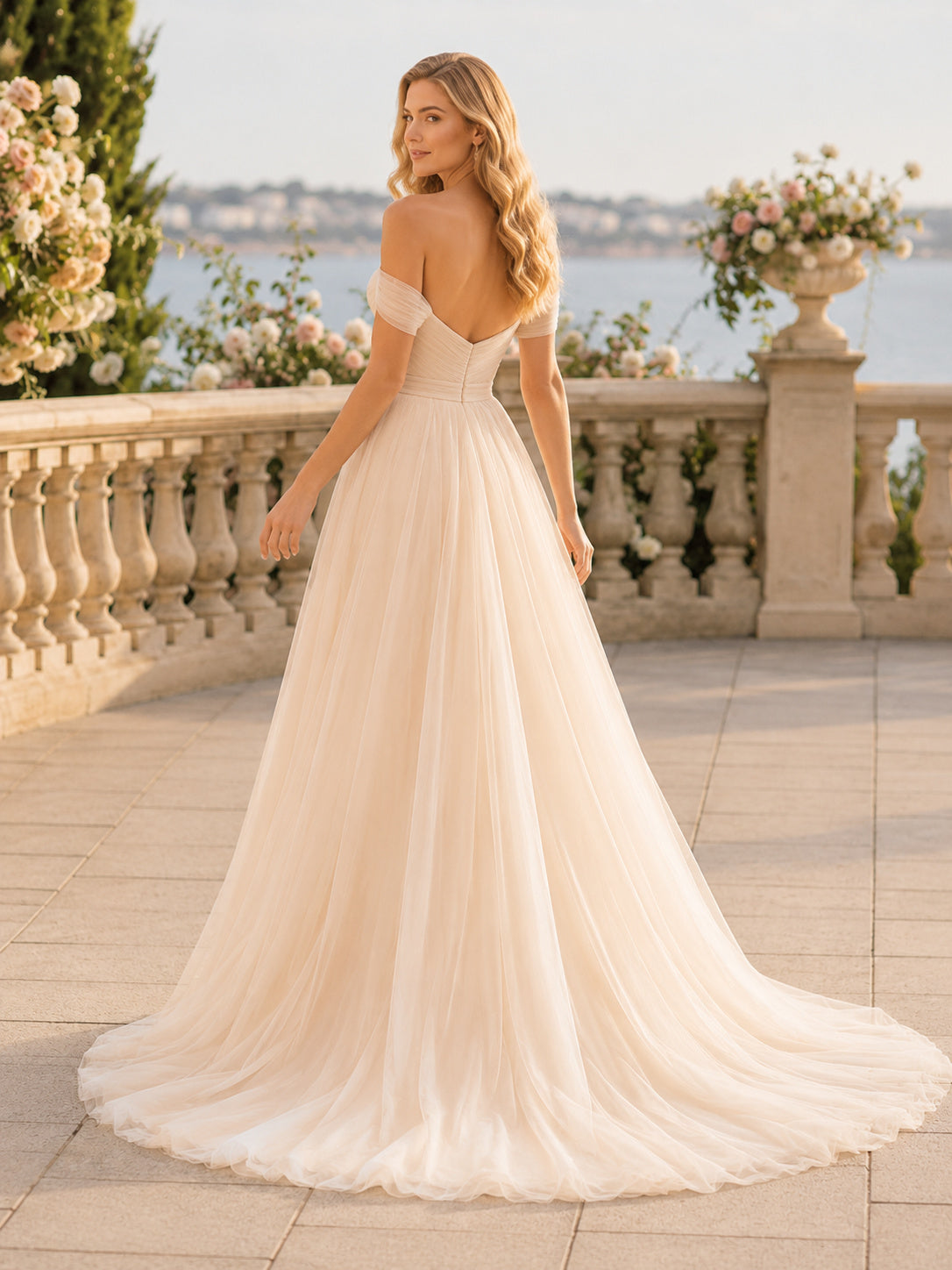 Champagne Off Shoulder Draped Tulle A Line Bridal Gown back view
