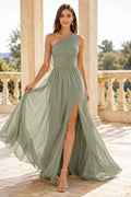 Sage One-Shoulder Chiffon A-Line Bridesmaid Dress with Pleated Bodice and High Slit front view