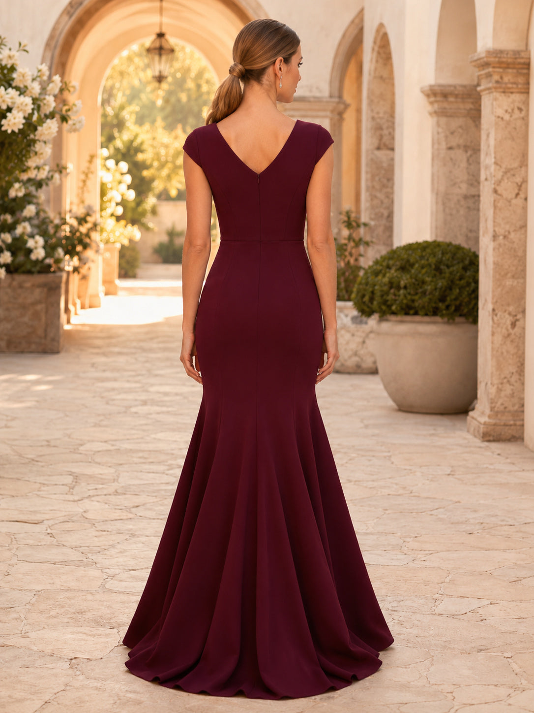 Burgundy V-neck Cap Sleeve Crepe Trumpet Gown back view